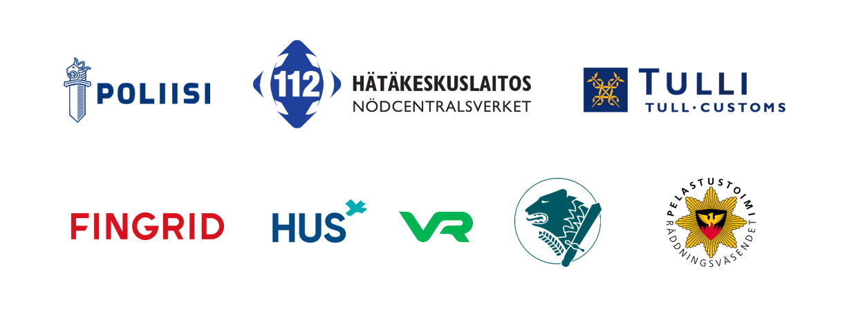 Erillisverkkojen kumppanien logoja: Poliisi, Hätäkeskuslaitos, Tulli, Fingrid, HUS, VR,, Peöastustoimi